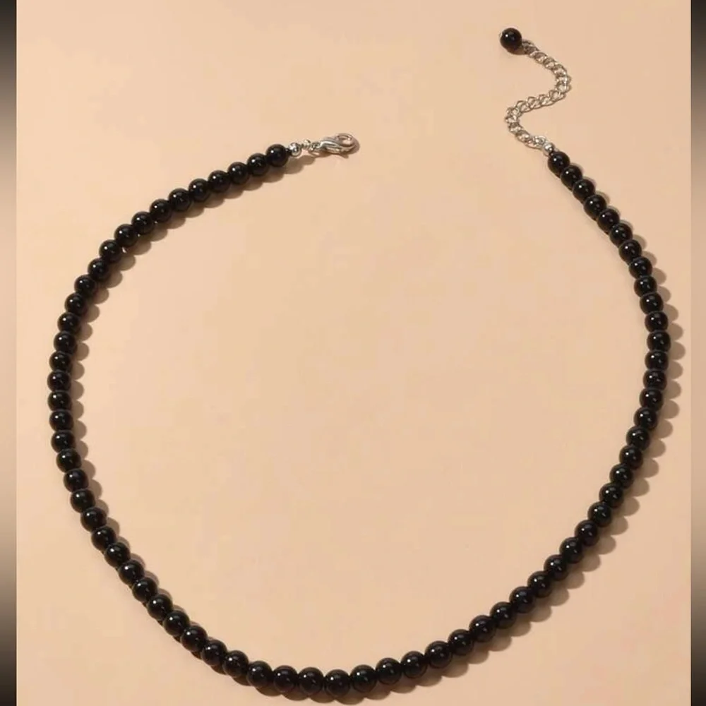 Blue Milky Opal, Simulated, Silver Plated Pendant, Black Beaded Boho Necklace - Picture 6 of 11